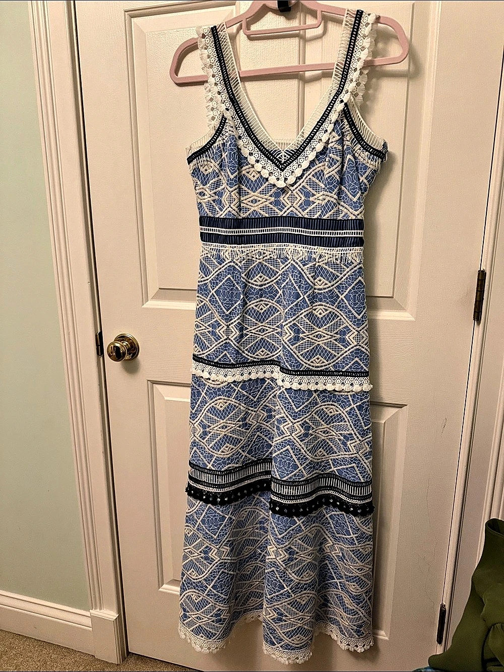 Gianni Bini Geometric Lace Trim Maxi Dress Blue Size 4 Like New